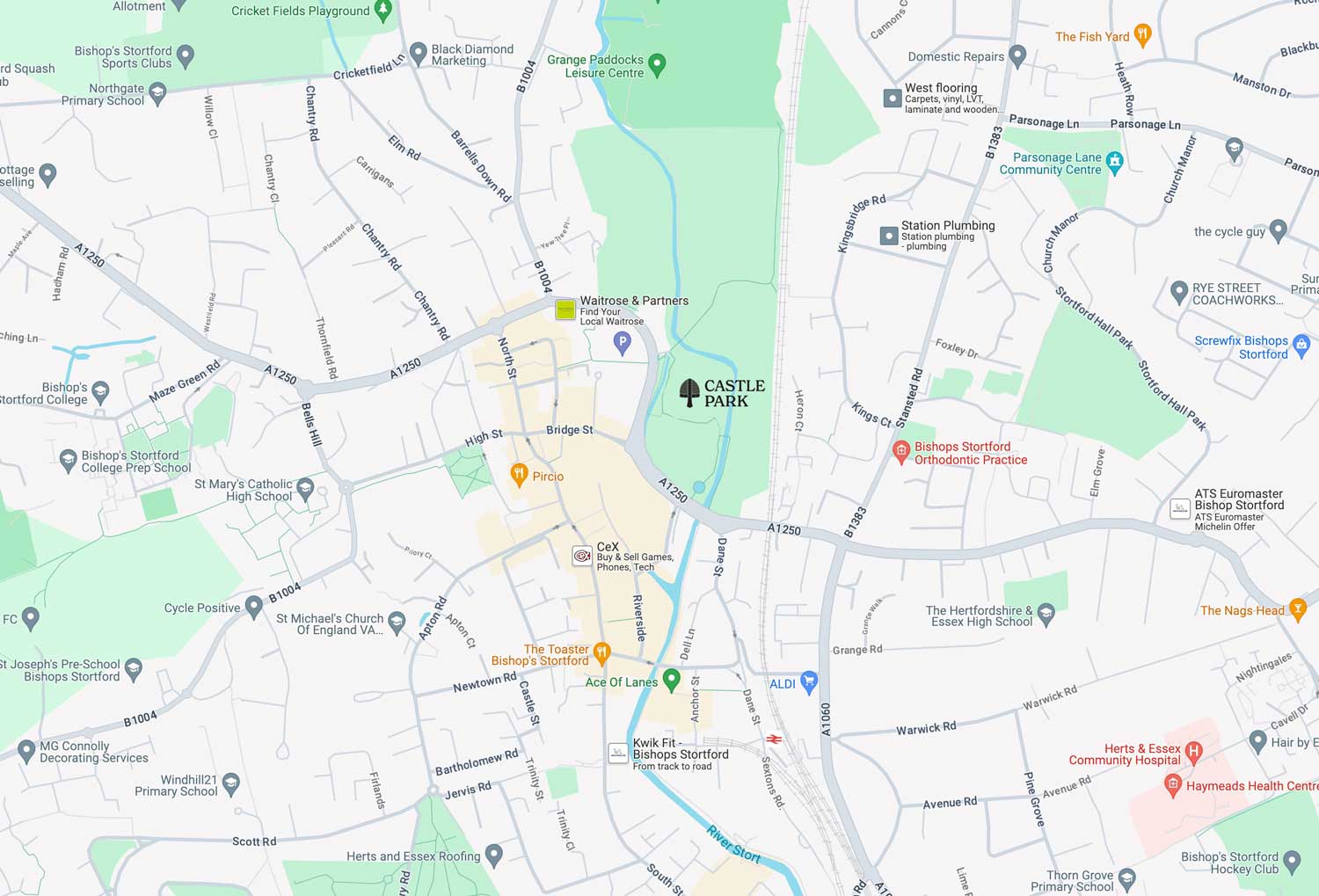 A Google map of Castle Park, Bishops Stortford, Hertfordshire