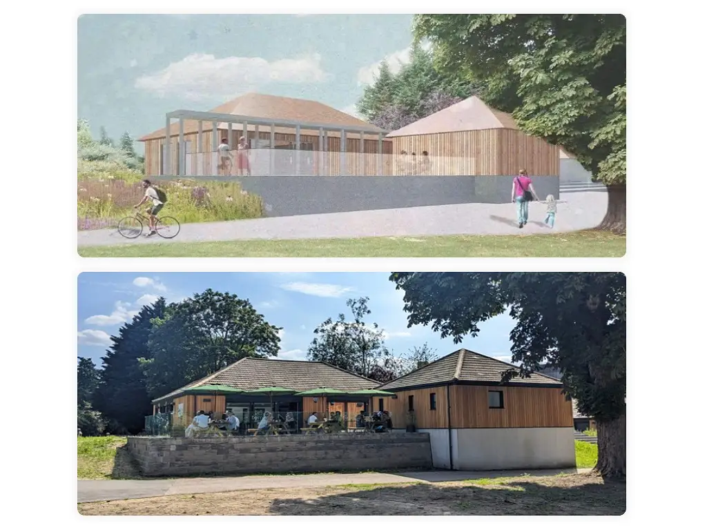 Top: An artist's impression of the vision. Bottom: The new café, terrace and toilets.