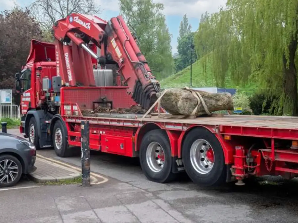 A photo of The puddingstone being brought into Castle Park. Photo credit: Roger Wilmot and Susan Harris