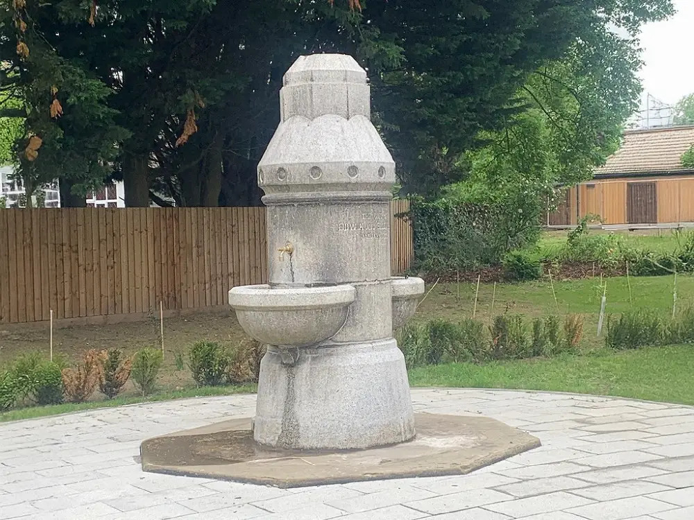 A photo of the relocated and restored drinking fountain.